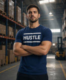 Man wearing Hustle Athletic Sports Graphic T-Shirt in a warehouse